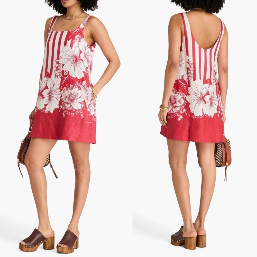 Farm Rio Floral-print linen mini dress red white stripe beachy vacation summer S